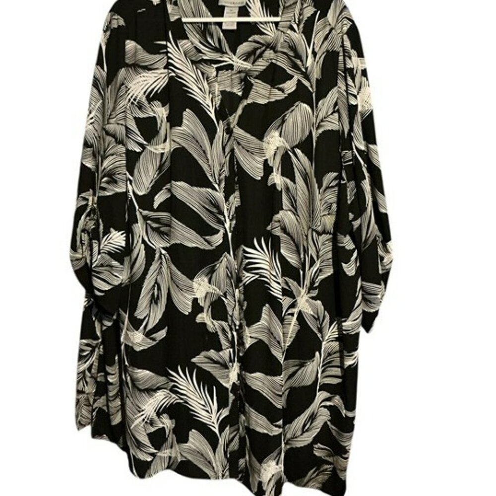 Catherines Dress/Duster Blk/wht Leaves Tab Sleeve 3X 26/28 L=33 Polyester Bin73